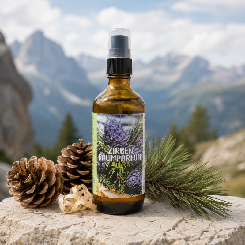 Zirben-Raumparfum 100 ml vor Alpenpanorama