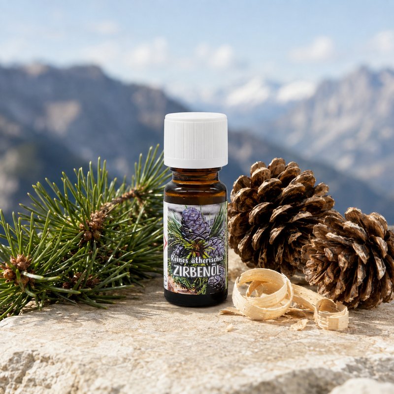 Zirbenöl 10 ml vor Alpenpanorama mit Zirbenzapfen